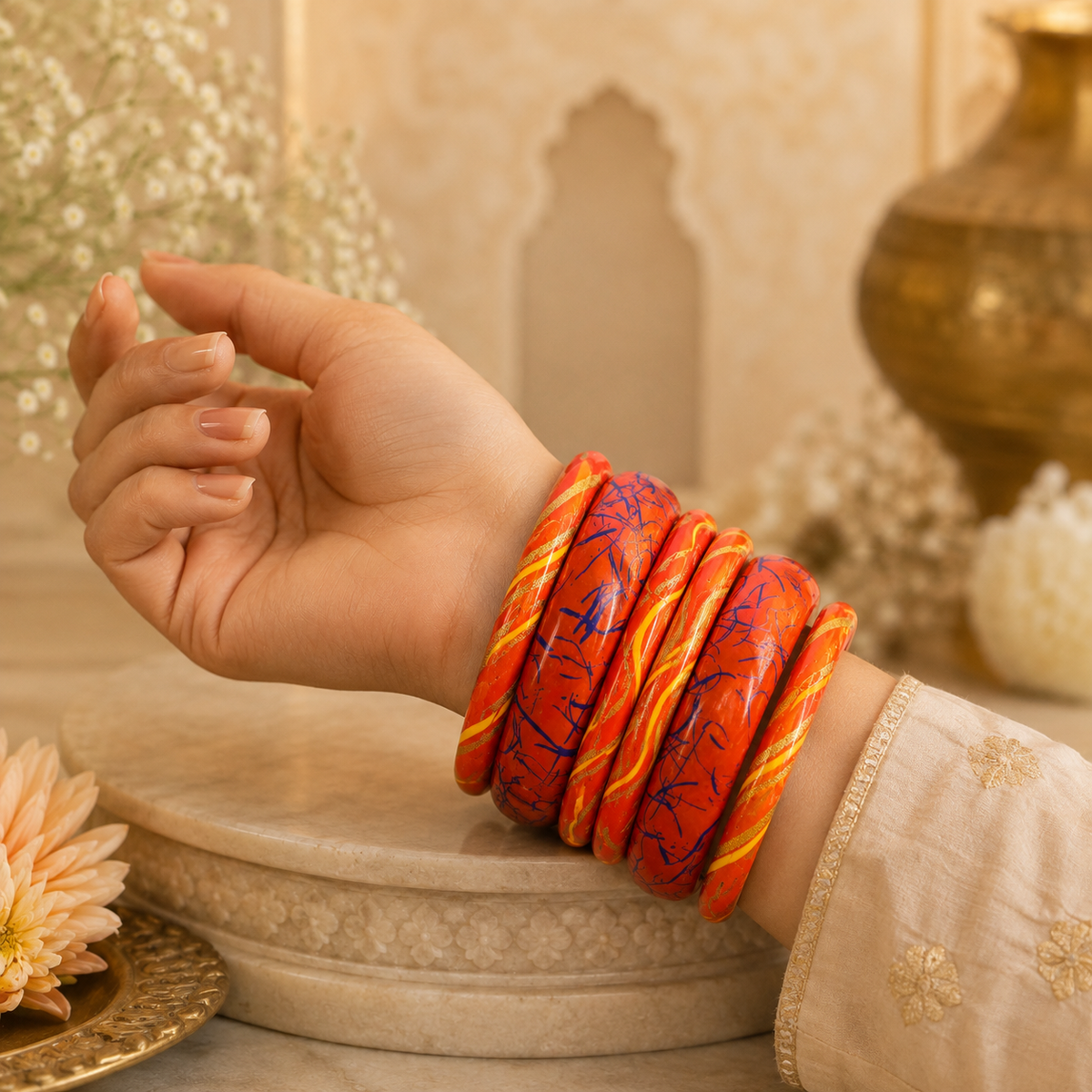 Sunset Scribble Lac Bangle Stack (Set of 6)