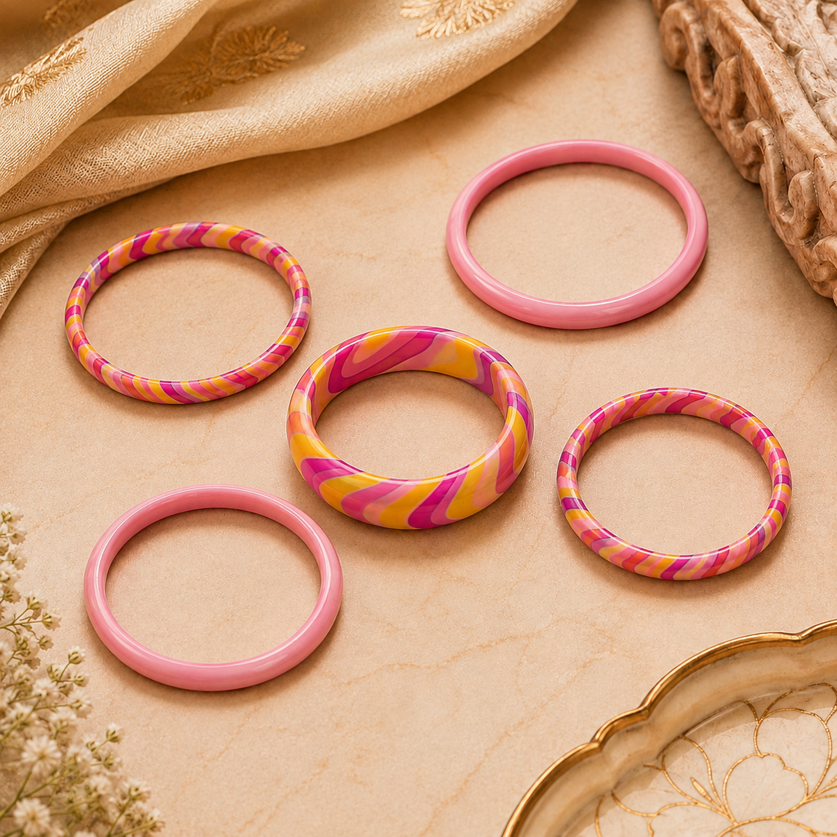 Pink Lemonade Statement Lac Bangle Stack (Set of 5)
