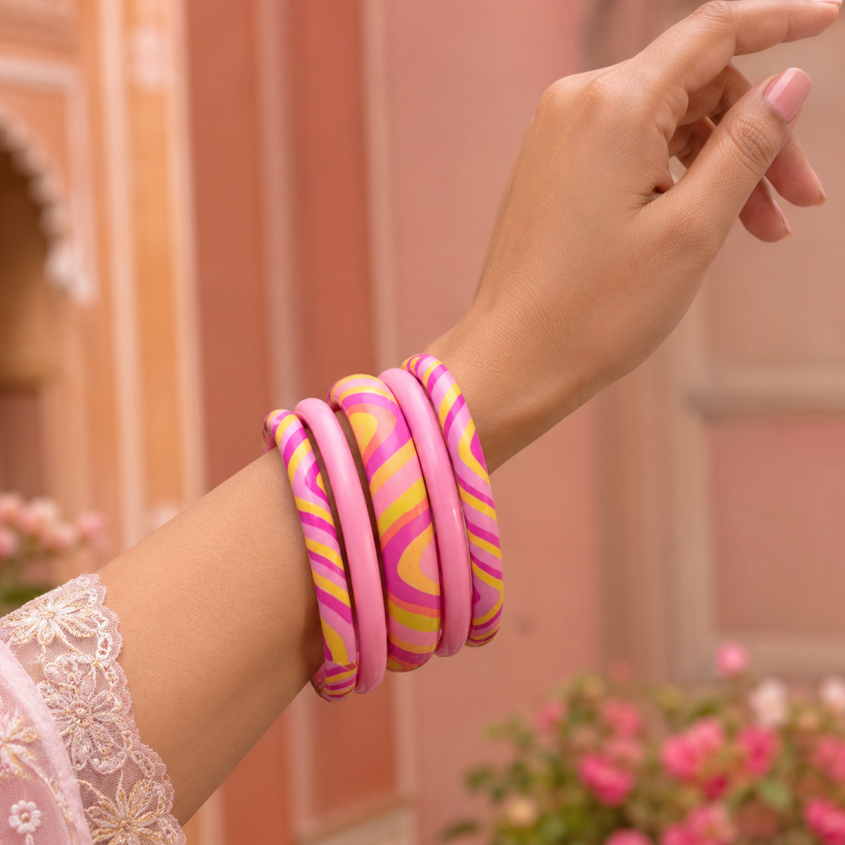 Pink Lemonade Statement Lac Bangle Stack (Set of 5)