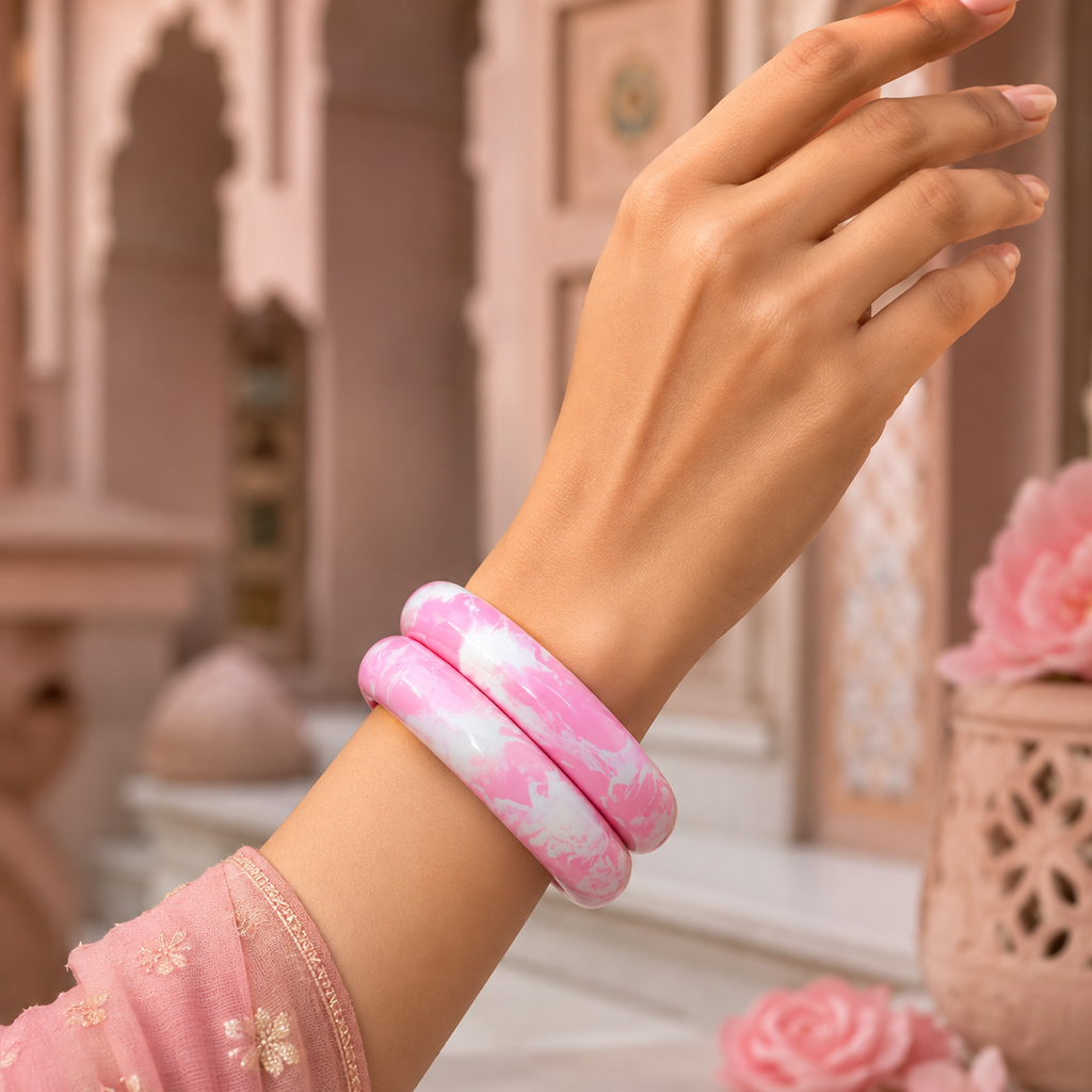 Rose Quartz Marbled Lac Bangles (Pair)